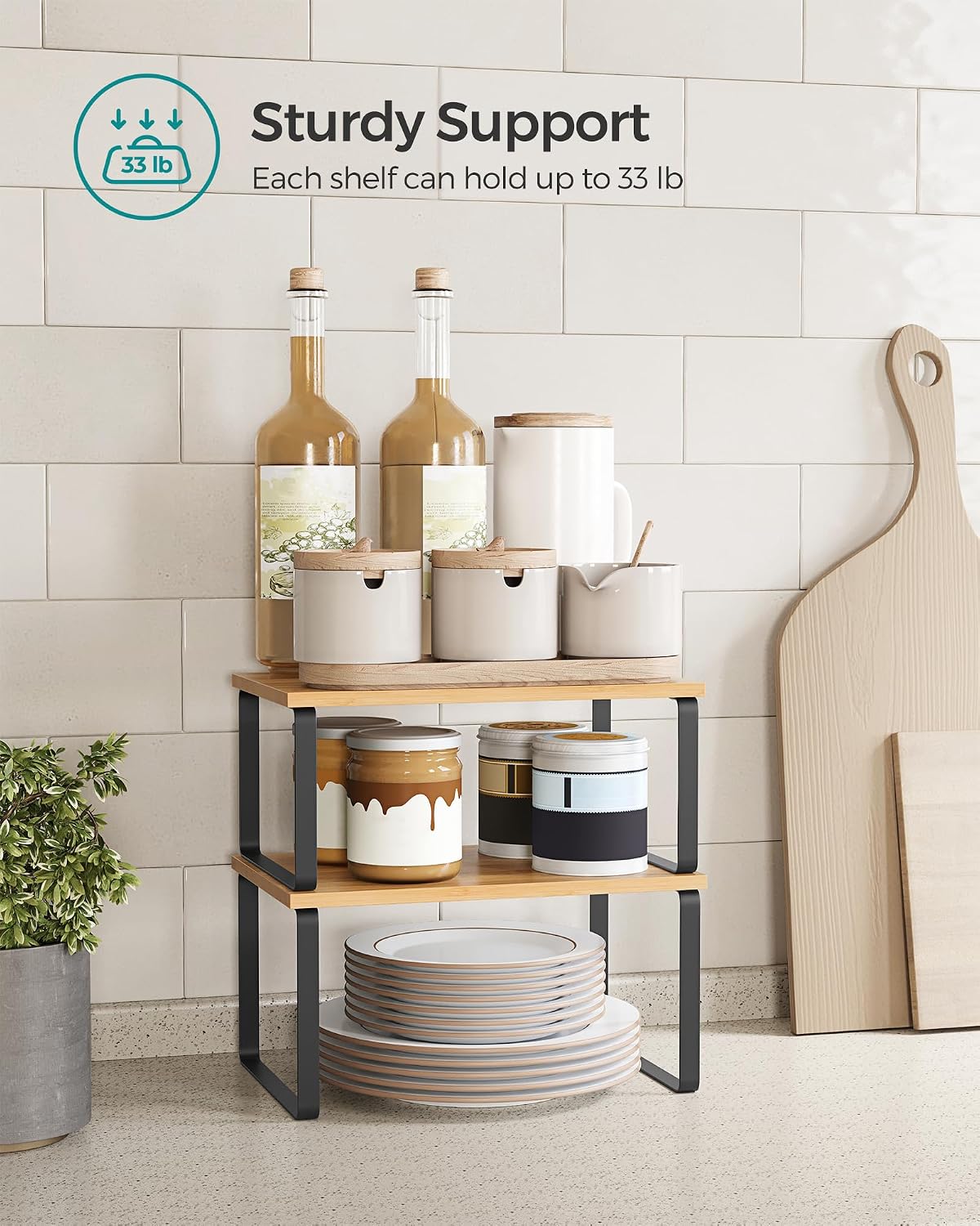 SONGMICS Cabinet Organizer Shelf, Set of 2 Kitchen Counter Shelves, Kitchen Storage, Spice Rack, Stackable, Expandable, Metal and Engineered Wood, 11.7 Inches, Ink Black and Natural Beige UKCS02NB - Field & Nook