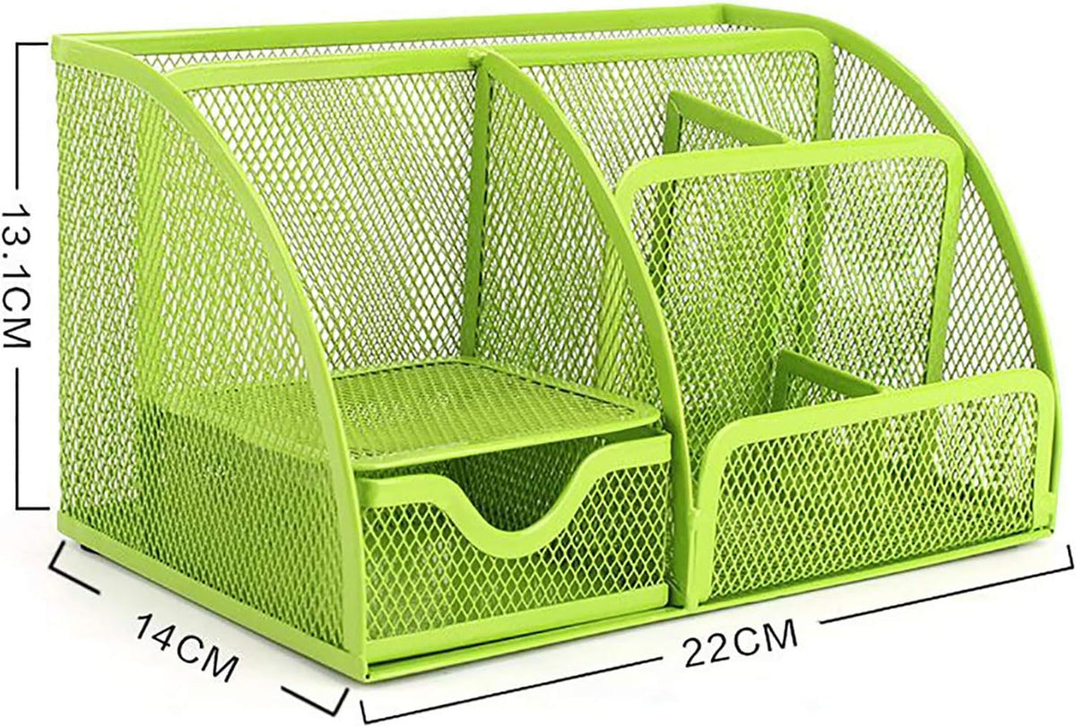 VANRA Office Supply Caddy Mesh Desk Organizer School Supply Holder 6 Compartments with Drawer (Green) - Field & Nook