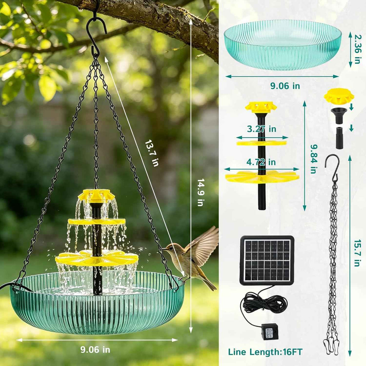 Solar Hanging Bird Bath Fountain with 3-Tier Cascading Waterfall, Outdoor Garden Water Feature with 16.4FT Cord, Bird Feeder & Relaxing Patio Decor for Hummingbirds and Wild Birds