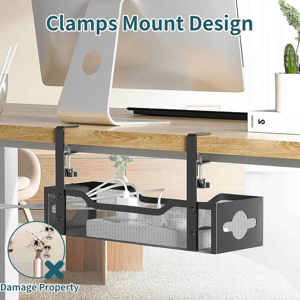 Clamp-On Metal Mesh Cable Tray – No-Drill Under-Desk Cord Organizer with Routing Holes, Black