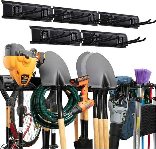 Garage Tool Organizer Wall Mount 80 Inch, Heavy Duty Tool Rack with 5 Racks & 10 Adjustable Hooks, Wall Mounted Garden Tool Storage for Garage, Shed, Holds Shovels, Brooms & Power Tools