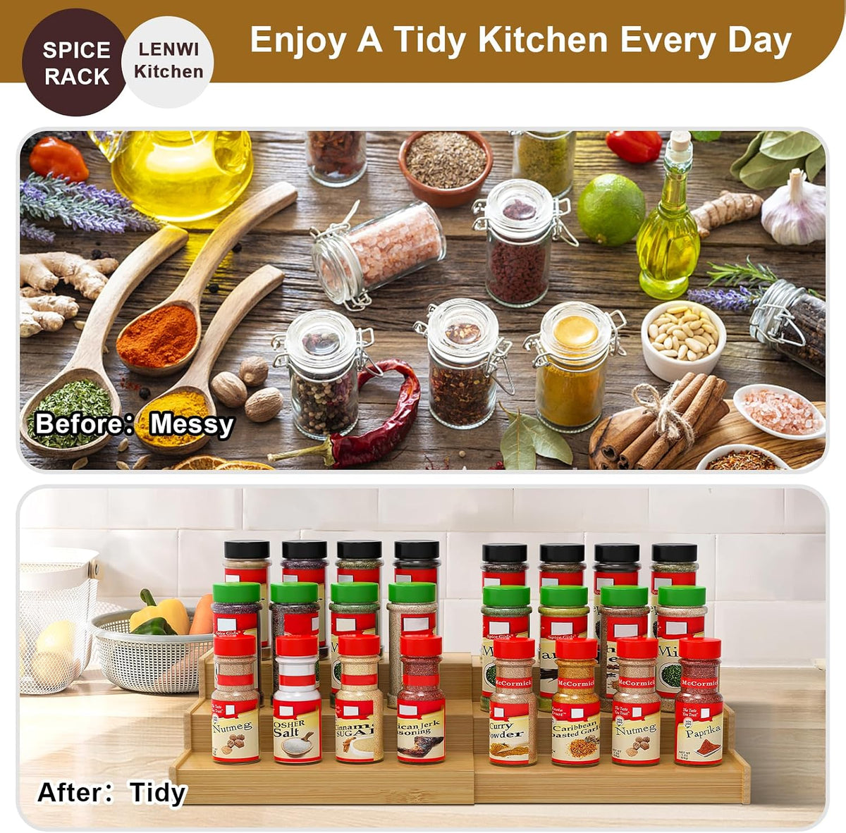 Lenwi Spice Rack Organizer for Cabinet, 3 Tier Expandable Bamboo Spice Storage for Kitchen Cupboard Pantry - Field & Nook