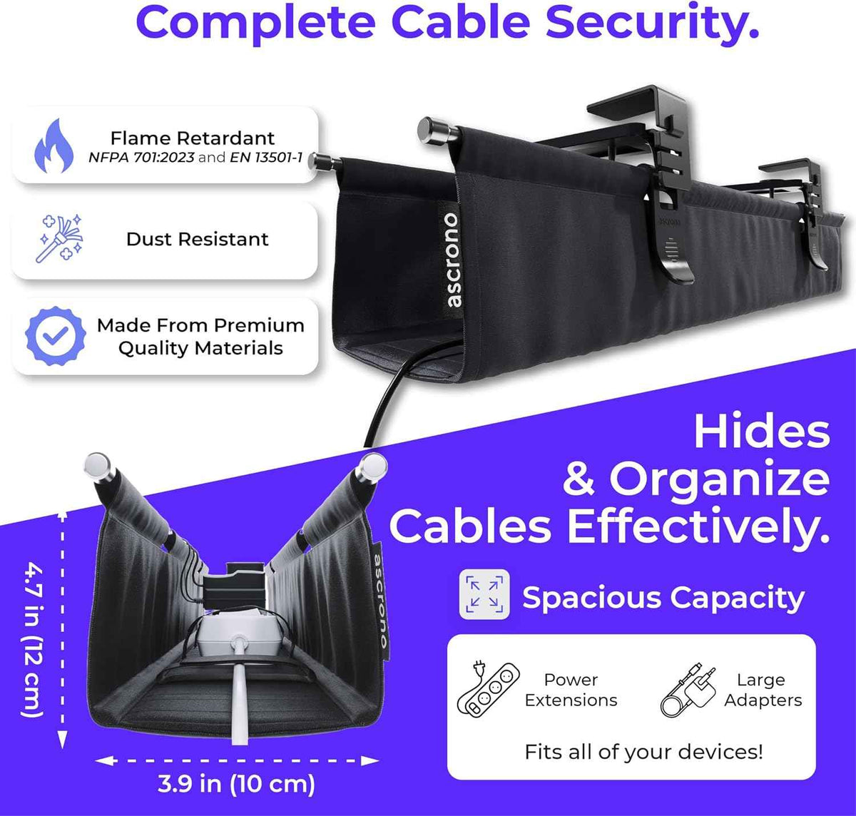 40.6-Inch Heavy-Duty Under-Desk Cable Tray – Clamp-On Fabric Cord Organizer, Black