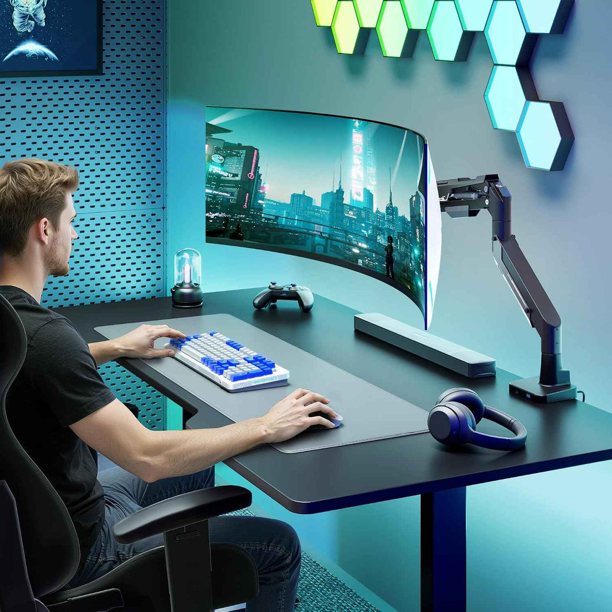 ARES WING Heavy Duty Monitor Arm with USB for 24-57 Inch Screens, Black | Gas Spring Aluminum Monitor Mount for Ultrawide Screens up to 66 lbs with Clamp/Grommet Desk Mount, 75/100/200 Vesa Mount