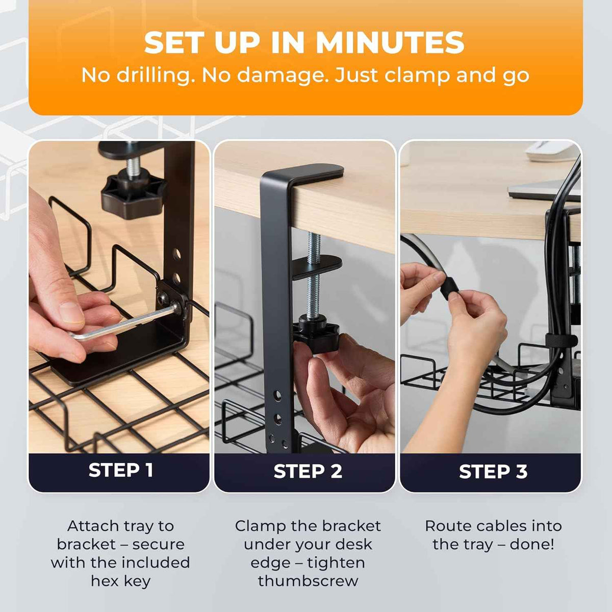 Clamp-On Under-Desk Cable Management Kit – Metal Tray with Sleeve, Clips and Ties, Black