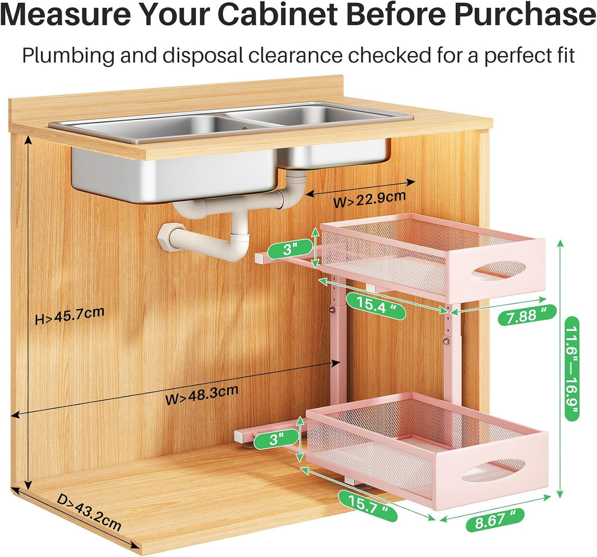 Under Sink Organizer, 2 Tier Pull out Cabinet Organizer Baskets with Mesh Sliding Drawers, Slide out Storage Shelf for Home, Kitchen, Bathroom, Pantry, Office Cabinet(1 Pack, Pink) - Field & Nook