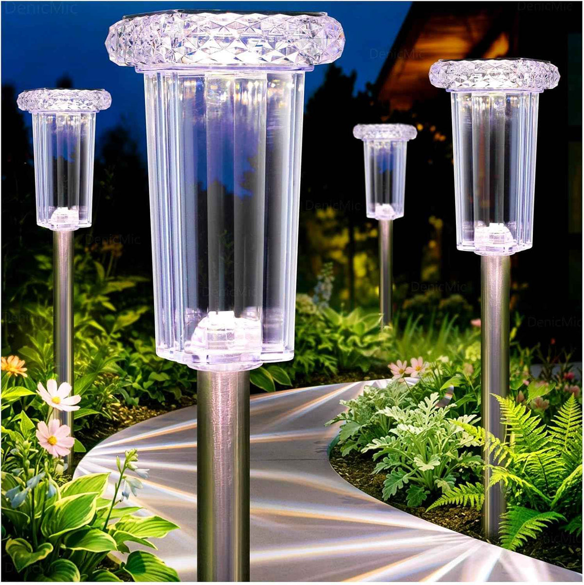 DenicMic Solar Lights Outdoor 4 Pack LED Waterproof Outside Pathway Lights for Yard Garden Walkway Driveway Landscape Path Lighting, Bright LED 3000K/4000K/6000K/6 Fixed Colors/Color Changing