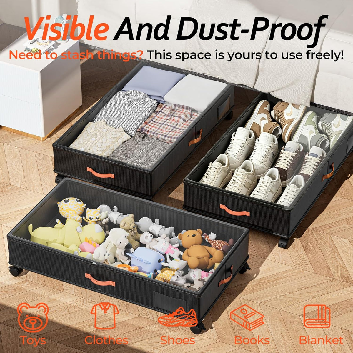 Under Bed Storage with Wheels 2-Pack, Under Bed Storage Containers 66L Clear Lids, Rolling Storage Drawers for Clothes Shoes Blankets, Underbed Organizer Bins(30" L x 16.2" W x 7.5" H) - Field & Nook