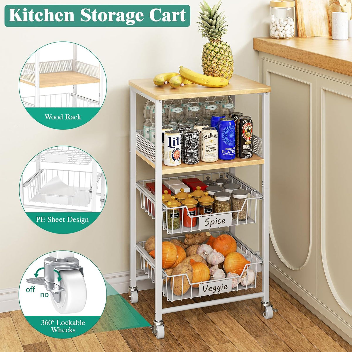 4-Tier Fruit Vegetable Storage Cart Rolling Kitchen Cart with Drawer | Pull-out basket, wood rack, durable & sturdy, fits pantry, living room, bathroom, 360° wheels with brakes, wood top, white