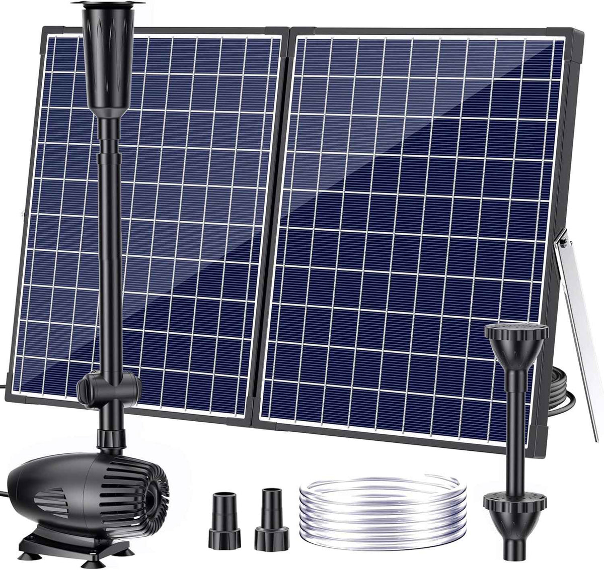 POPOSOAP 55W Solar Water Pump, Solar Water Fountain with Water Shortage Protection, Solar Pond Pump Water Flow Adjustable with PVC Tubing, 17Ft +10Ft Cord for Ponds, Garden, Waterfall, Hydroponics