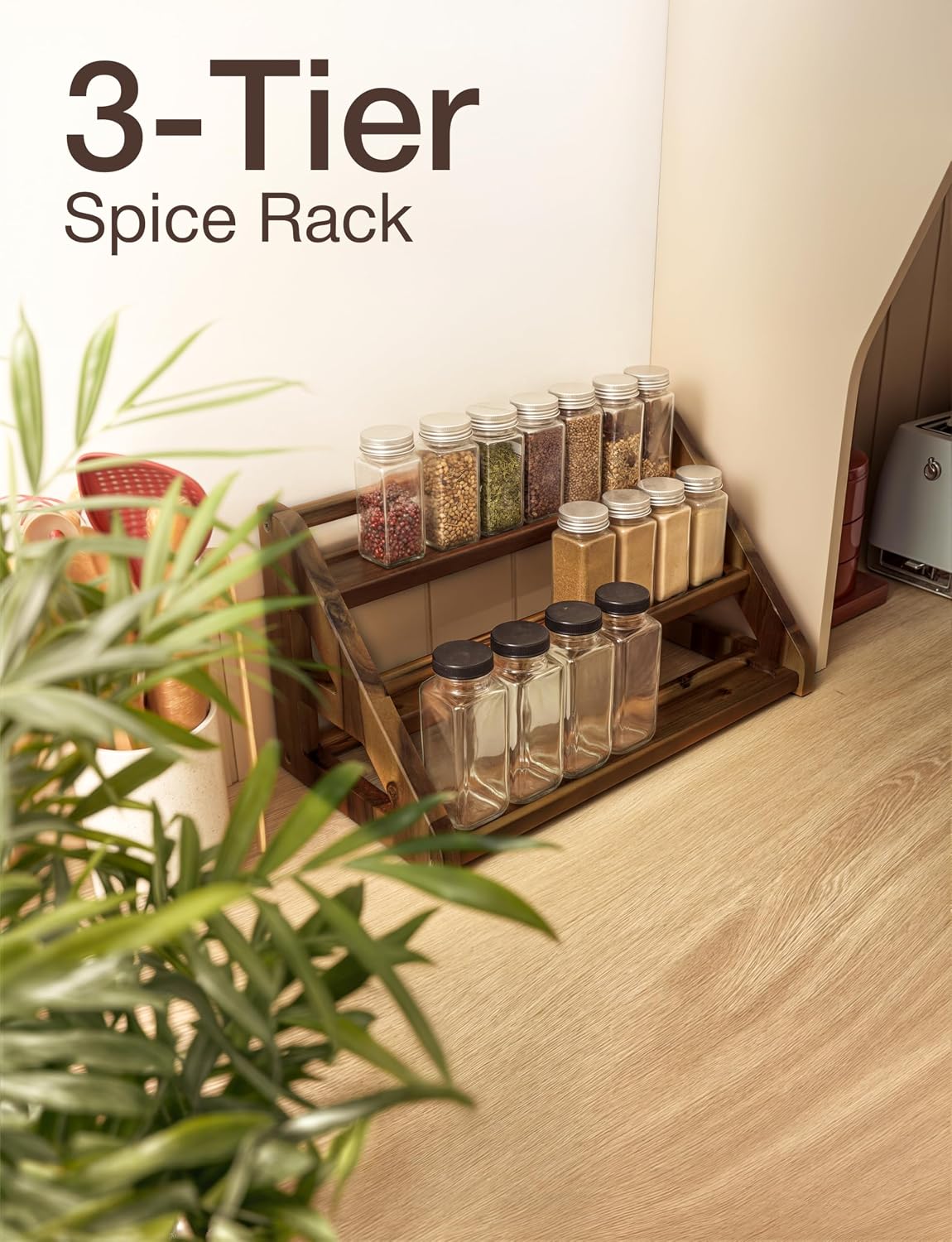 Tinamo Acacia Wood Spice Rack - Wooden 3-Tier Spice Rack Organizer for Countertop or Cabinet – Kitchen Spice Organizer and Seasoning Organizer Shelf (Walnut) | Acacia Wood, 3-tier Spacious Design for 24 Spice Jars, Cutout Grooves for Secure Storage, Ea... - Field & Nook