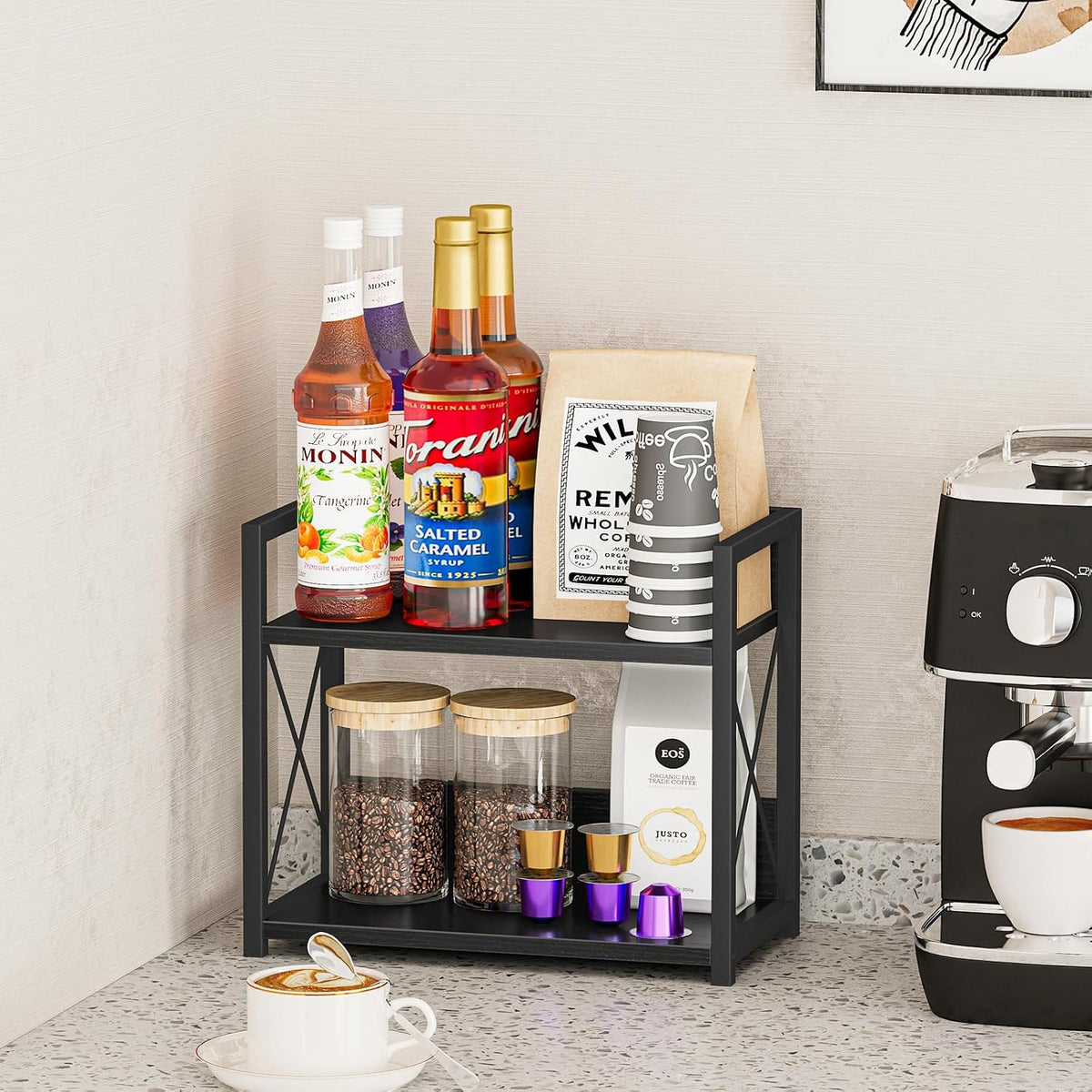 Giikin Kitchen Counter Shelf, 2 Tier Kitchen Spice Rack Organizer for Countertop, Wood Coffee Bar Organizer for Home (Black, S) - Field & Nook