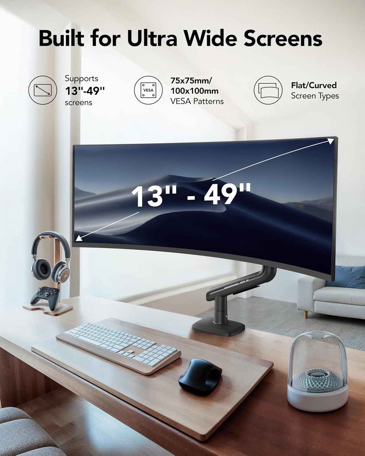 HUANUO TitanLift Heavy Duty Monitor Arm for Screens up to 49", Holds 44 lbs, Aluminum Ultrawide Screen Monitor Mount, Fully Adjustable Single Gaming Desk Mount with Dual C-Clamp, Max VESA 100x100mm