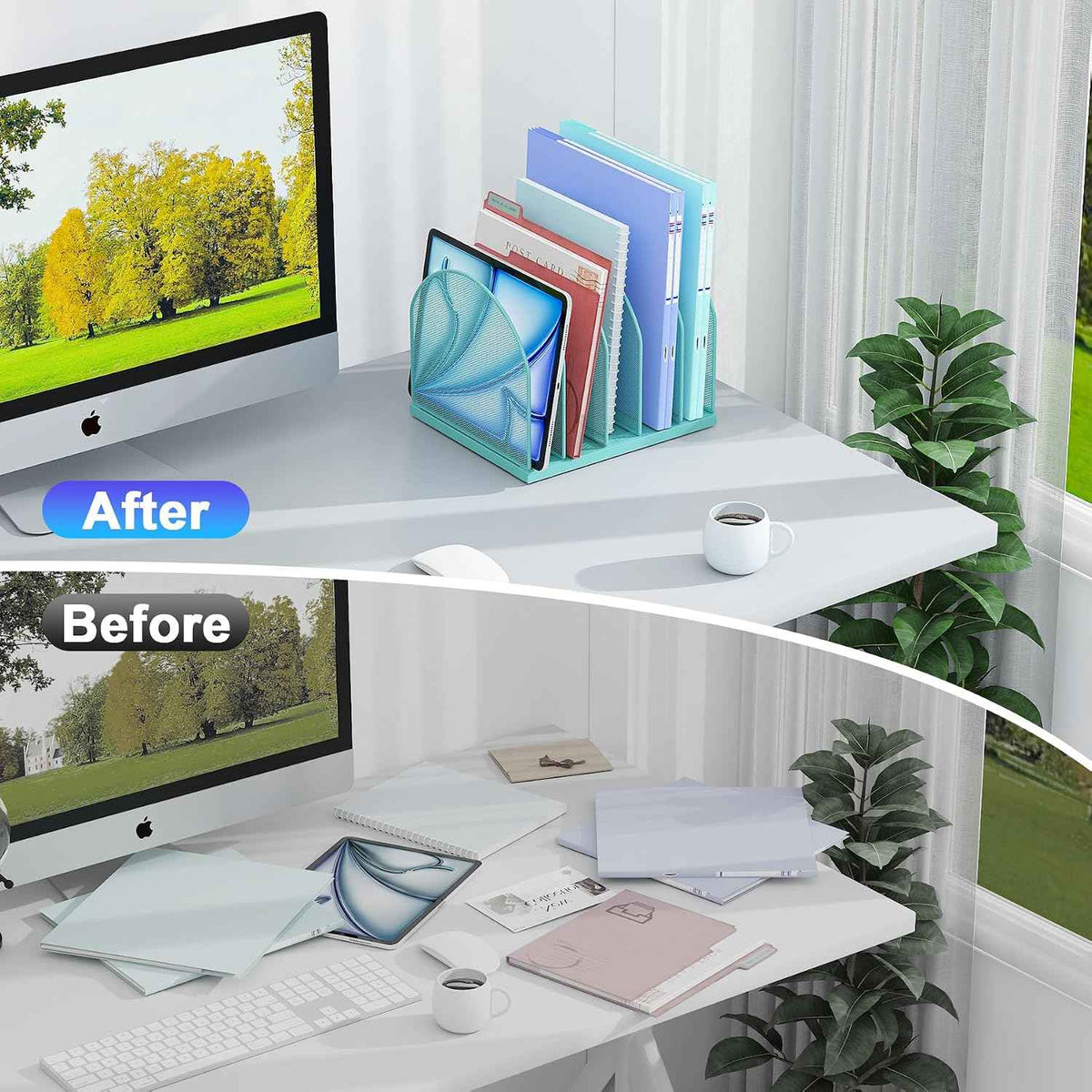 gianotter Desktop File Organizer with 5 Compartments | Desk Organizer Paper Organizer for Desk Workspace Organizers for Office Supplies (Blue, Upright Style)