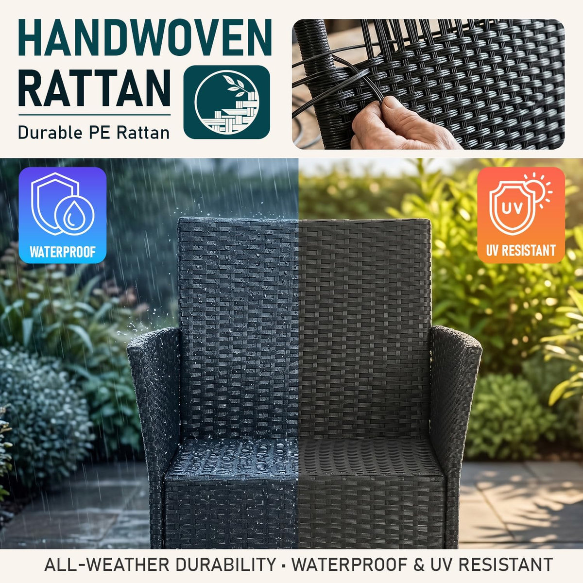 FDW 3-Piece Patio Furniture Set | Black & Beige | Outdoor Wicker