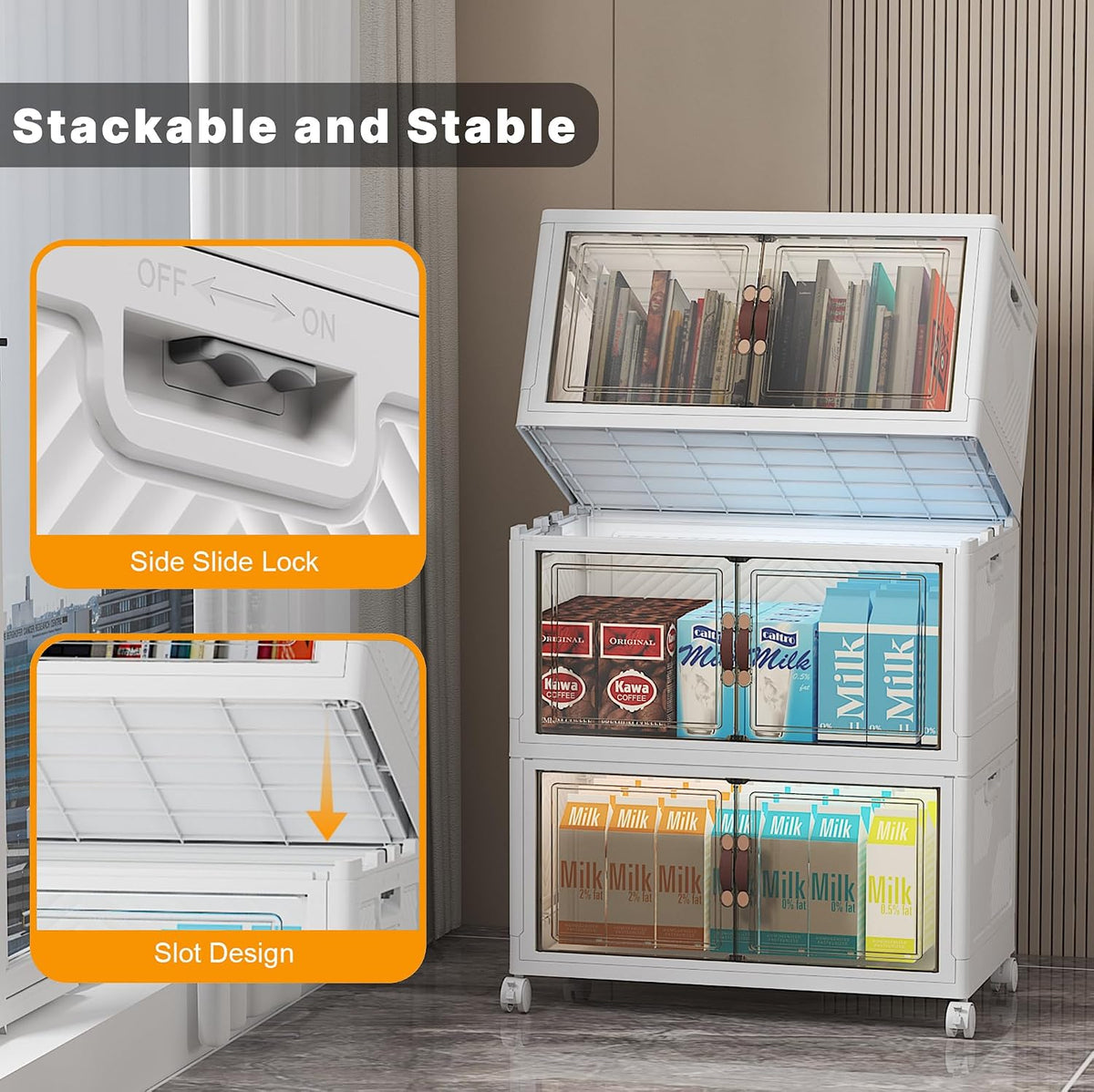 Stackable Storage Bins with Lid, 156QT Plastic Cabinet with Wheels | Large Capacity, Magnetic Door, Stack Lock, Rolling Wheels, Foldable Design, Organizers and Storage for Bedroom Dorm Garage - Field & Nook