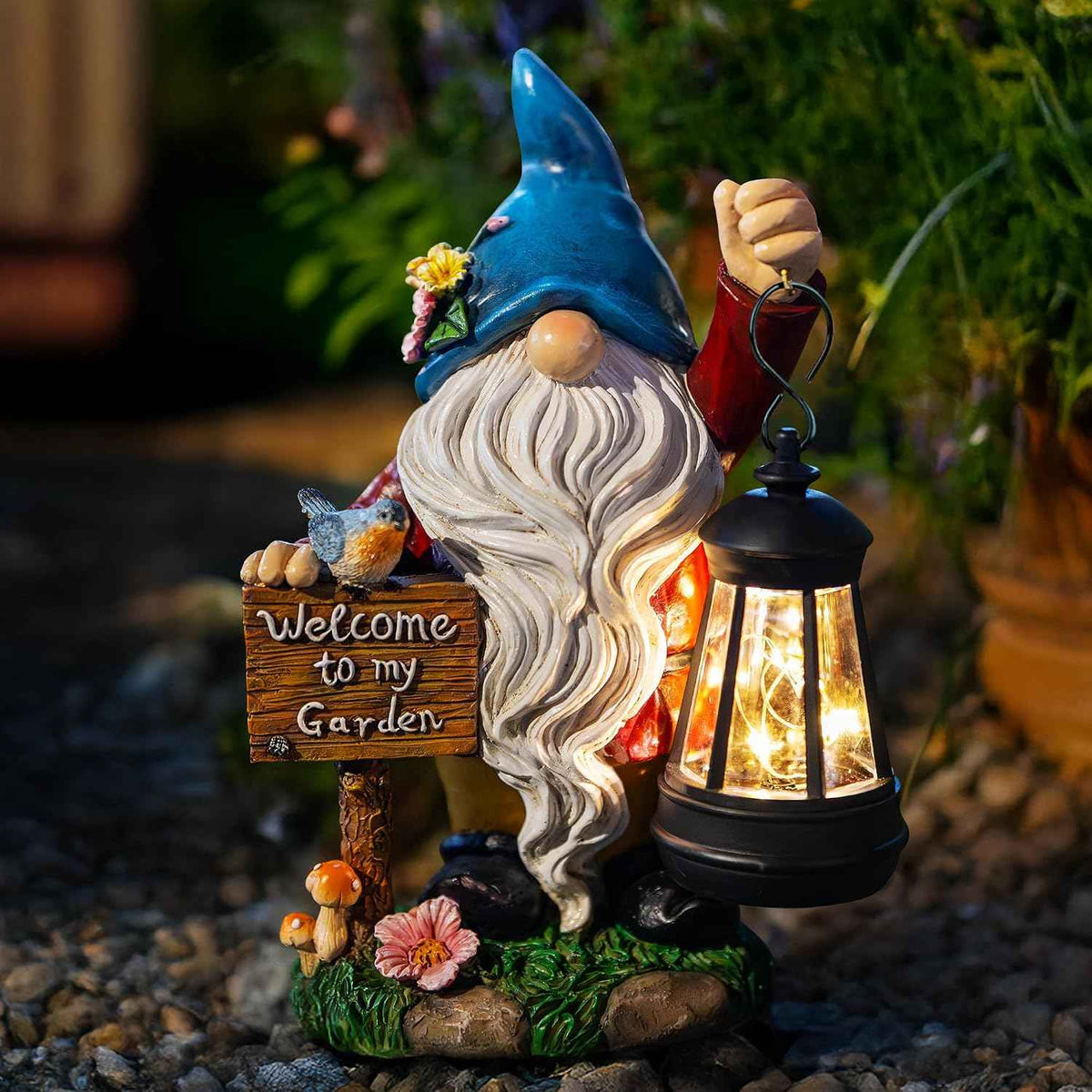 Garden Gnome Statues Figurine Lights - Solar Powered Lighting Outdoor Decorations with Lantern & Welcome Sign, Yard Art Lawn Ornaments for Porch Patio Balcony - Gnome Gifts for Women Mom
