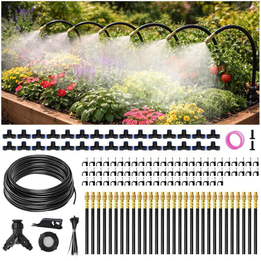 100FT Drip Irrigation System Kit Dual-Zone Garden Atomizing Watering System with 30 Copper 360° Adjustable Bendable Nozzles,Y-Splitter, Leak-Proof 1/4" Misting System for Garden Greenhouse Raised Beds