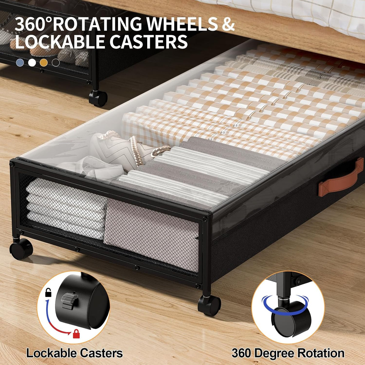 Under Bed Storage Containers with Wheels Large Underbed Shoes Blankets Clothes Toy Storage Drawers for College Dorms Bedrooms Nursery Rooms Organization (Black 2 Pack, 7.5in height(36"x16.6"x7.48")) - Field & Nook