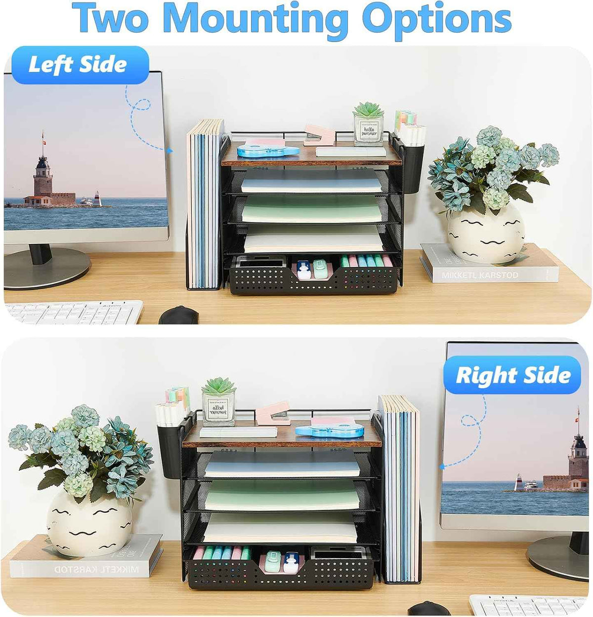 Desk Organizer, 5-Tier Desktop File Organizer with Drawer and Pen Holders, Office Desk Accessories, File Sorters, Workspace Organizers for Office Supplies(Wood)