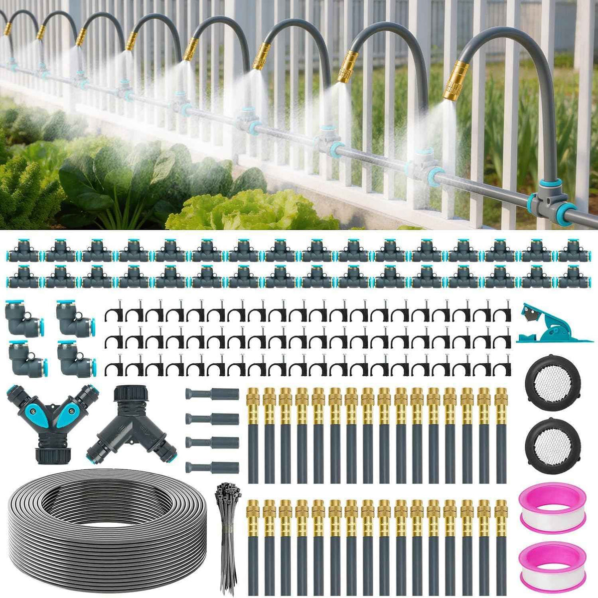 360°Adjustable Drip Irrigation System 200FT,5/16" Extra Long Garden Watering Kit with 32 Copper Nozzles,141Pcs Drip Irrigation Kit，Automatic Atomizing Plant Sprinkler for Large Yard, Greenhouse, Lawn