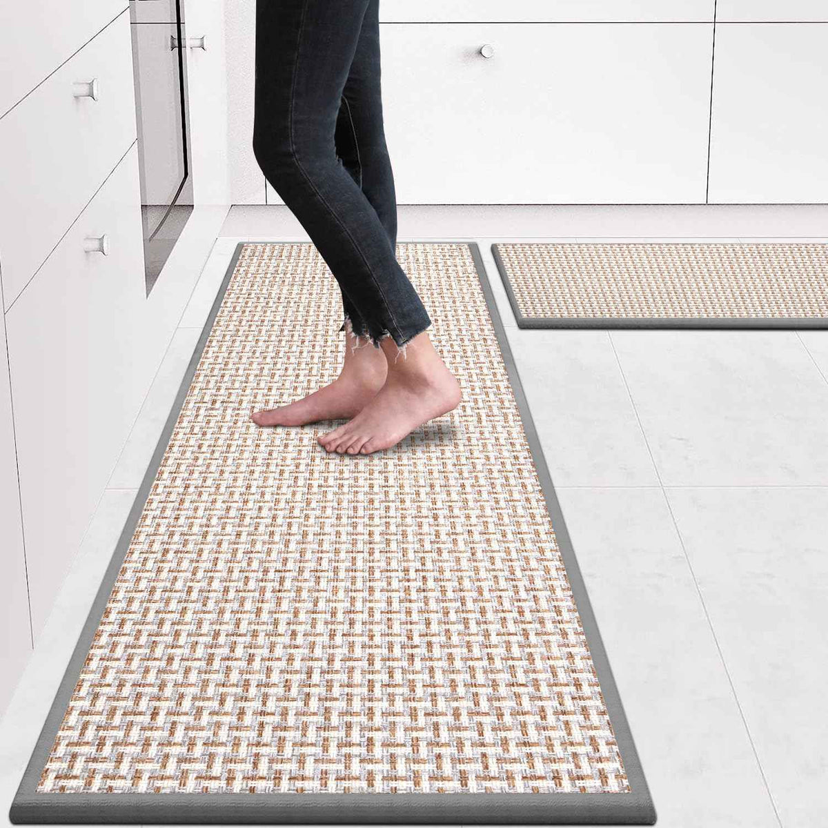 eqivei Kitchen Rugs and Mats Non Skid Washable Set of 2 PCS, Absorbent Runner Rugs for Kitchen, Front of Sink, Kitchen Mats for Floor, 17.3"x 47"+17.3"x 29" (Gray)
