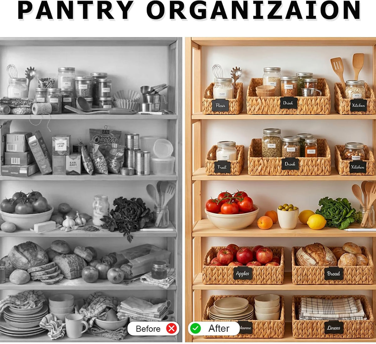 Pantry Baskets and Organizers, Large Wicker Baskets for Shelves, Handwoven Labeled Storage Basket for Organizing with Handles-Water Hyacinth Storage Bins, Boho Decorative, 3Pack, Natural - Field & Nook