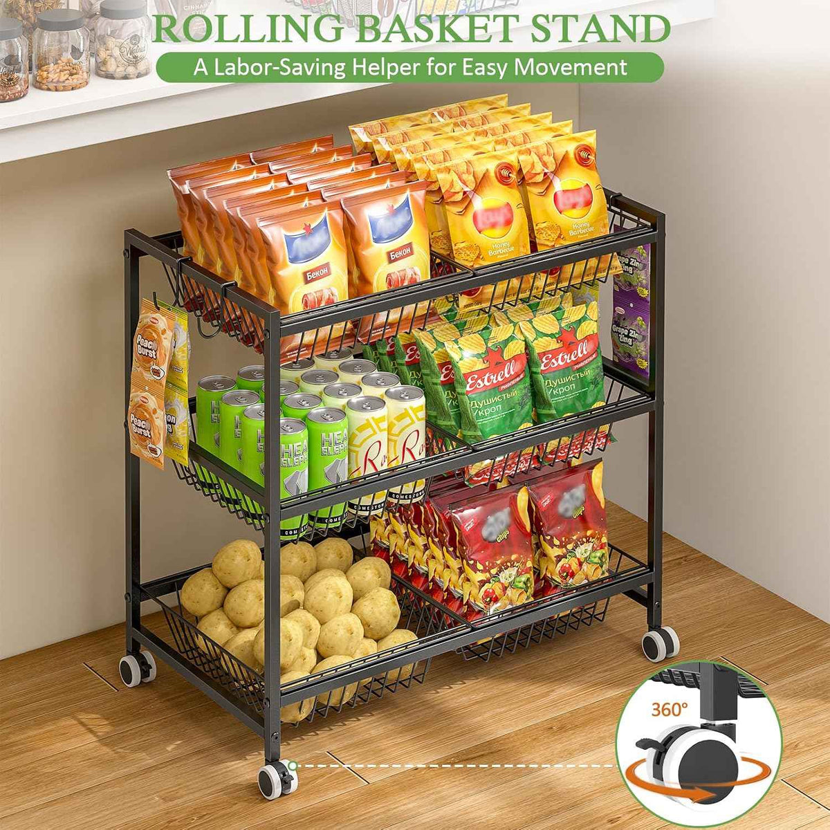 3-Tier Rolling Pantry Floor Organizer Cart with 6 Detachable Baskets, Metal Wire Fruit Basket Stand with Wheels, Kitchen Storage Cart for Fruit Vegetables, Snack Cart for Pantry Kitchen Living Room