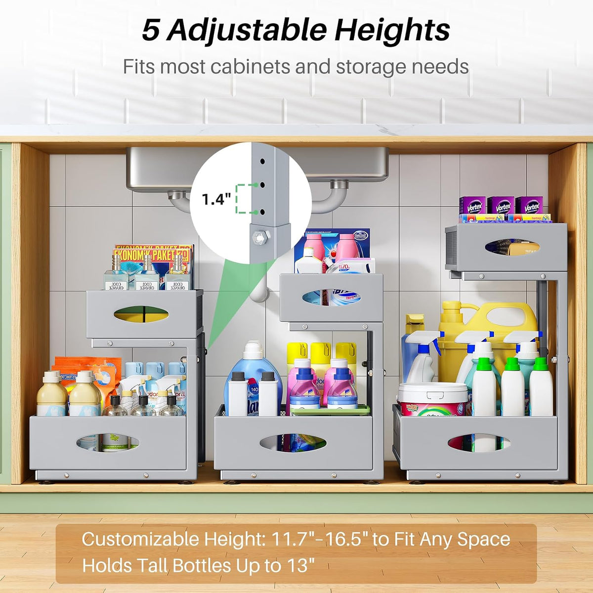 Under Sink Organizer, 2-Pack Pull Out Cabinet Organizer 2 Tier Metal Slide Out Storage Shelf Rack, L-Shaped Adjustable Height,Mesh Sliding Drawer for Kitchen, Bathroom, Laundry, Pantry, Grey, XL - Field & Nook