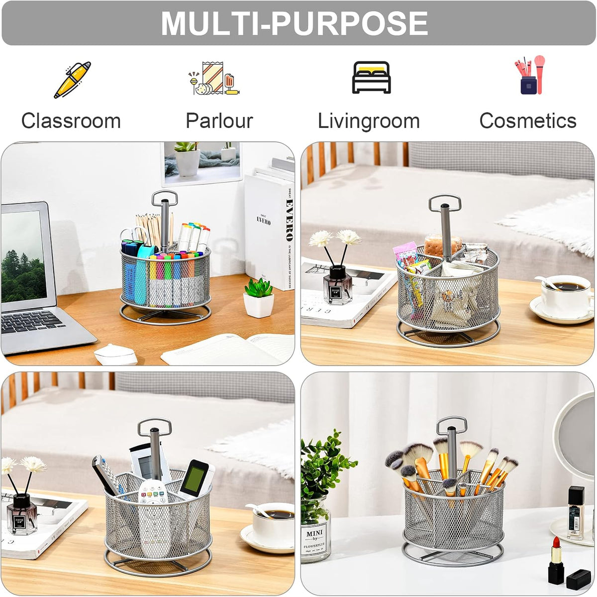 Marbrasse Mesh Desk Organizer, 360-Degree Rotating Multi-Functional Pen Holder, 4 Compartments Desktop Stationary Organizer, Home Office Art Supply Storage Box Caddy (silver) - Field & Nook