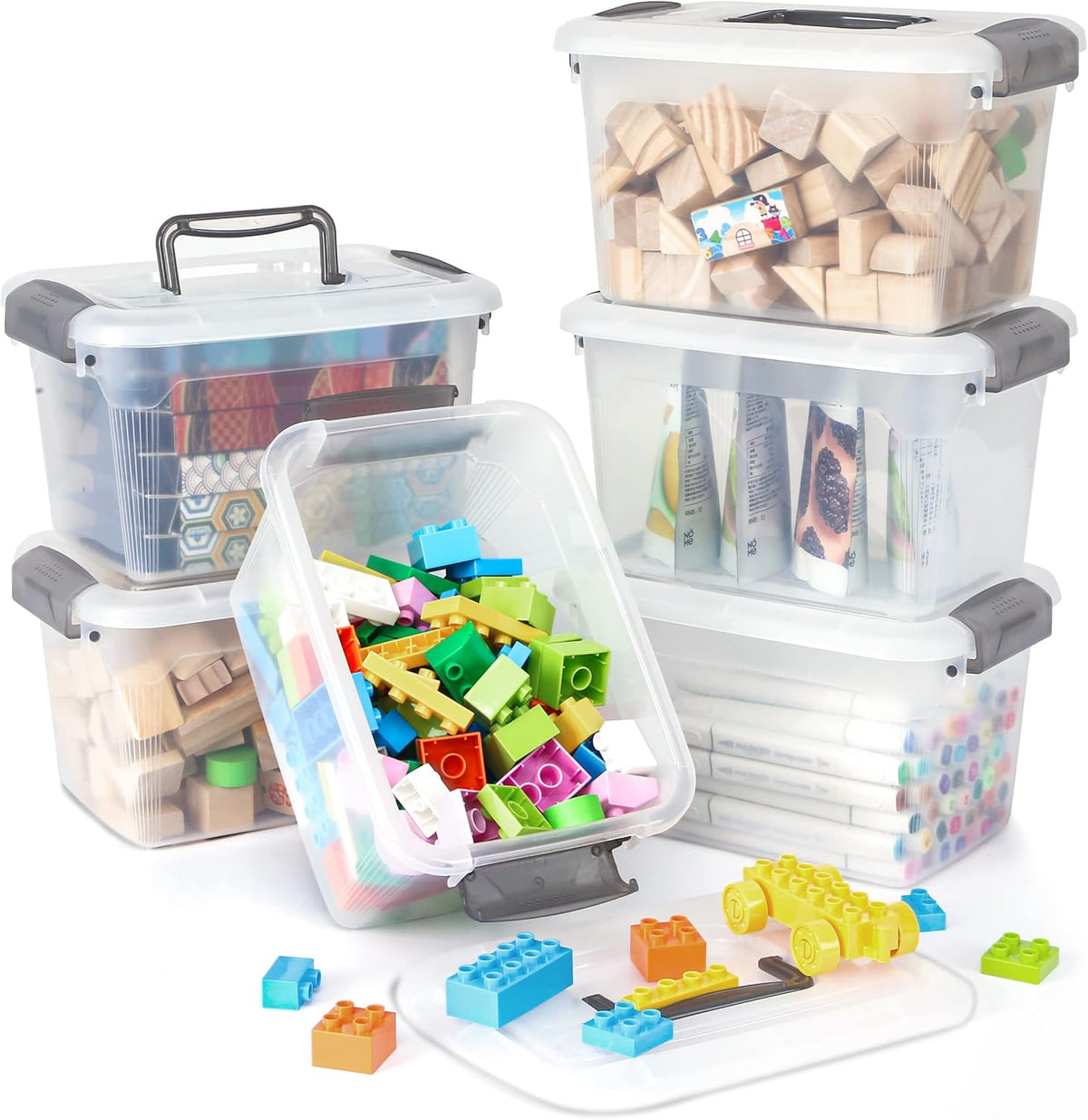 Citylife 6 Packs 6 QT Storage Bins with Lids Clear Plastic Bins with Grey Handle - Field & Nook