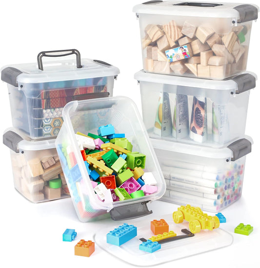 Citylife 6 Packs 6 QT Storage Bins with Lids Clear Plastic Bins with Grey Handle - Field & Nook