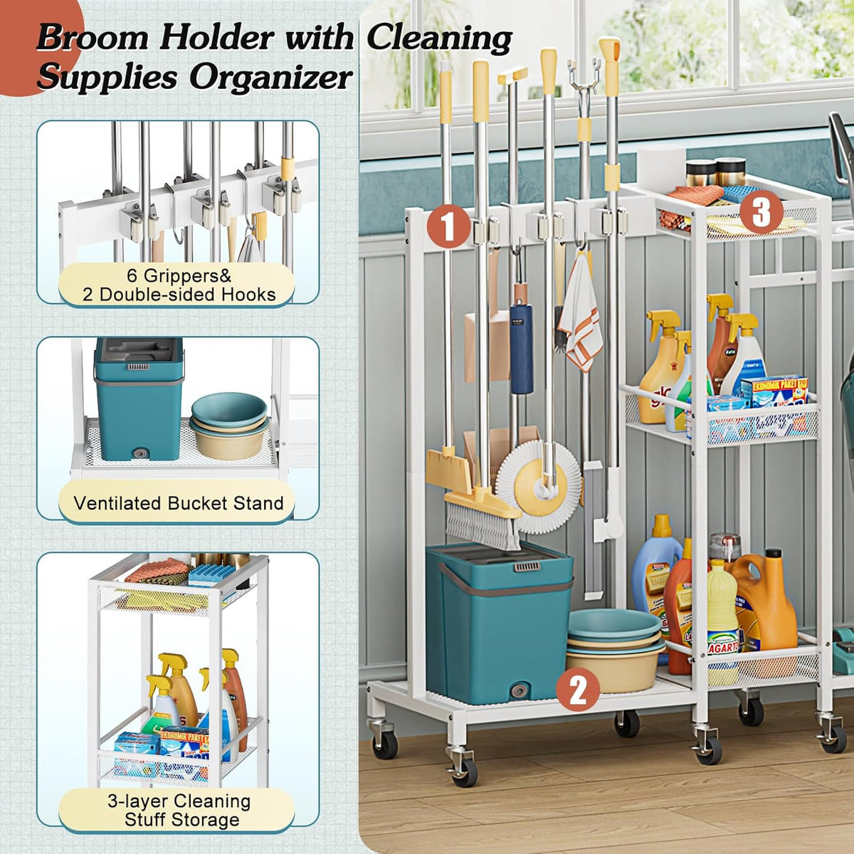 Broom Holder with Cleaning Supplies Organizer, Broom Closet Storage Cabinet with Cleaning Caddy Vacuum Stand, Cleaning Cart with Mop Hanger Gripper Rack Hook, Laundry Room Organization Home Essentials - Field & Nook