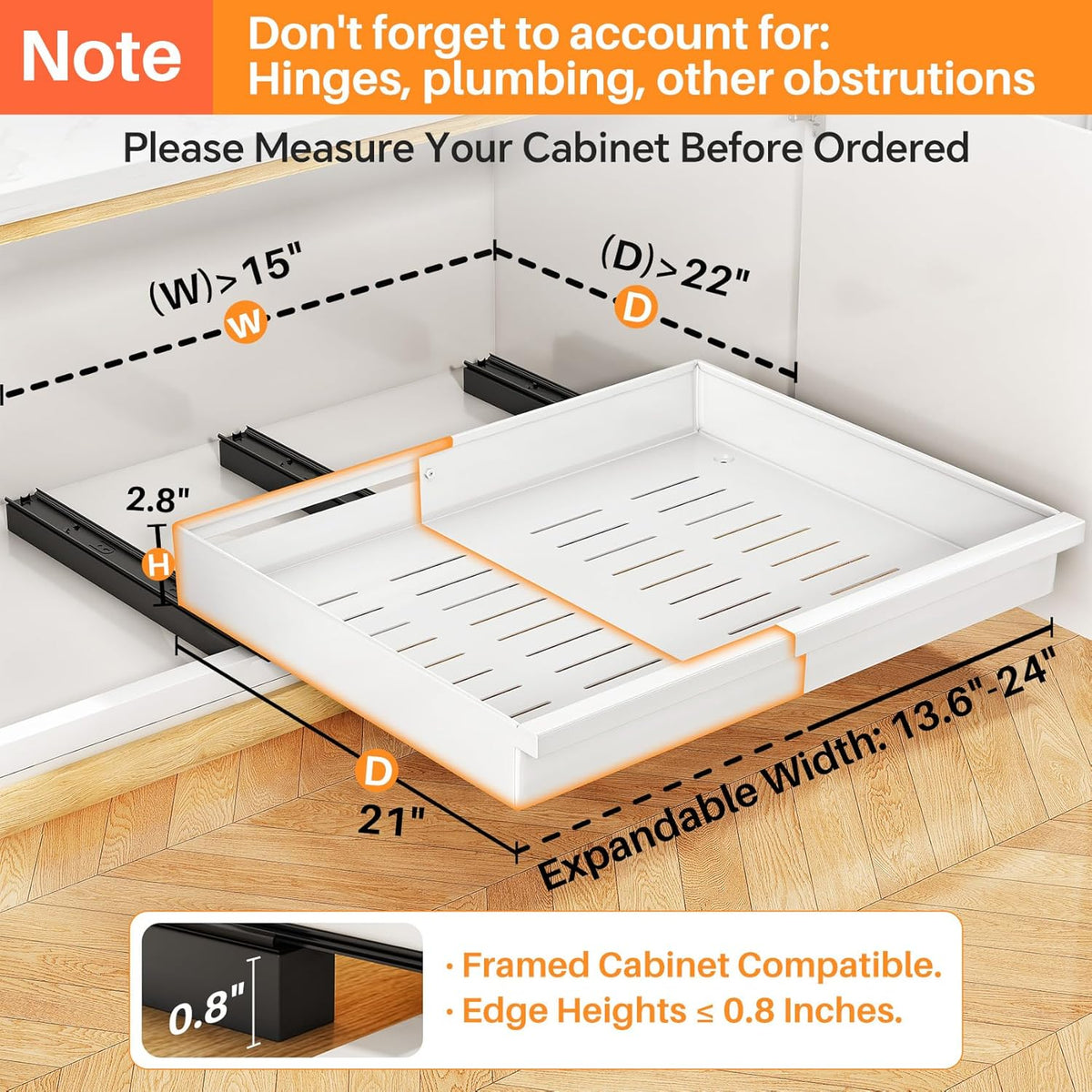 Pull out Cabinet Organizer, 1-Pack Expandable(13.6"-24") Silde out Drawers with Raising Pad for Framed Cabinets, Adjustable Full-Extension Adhesive Roll out Shelves for Kitchen Pantry Home Pot and Pan - Field & Nook