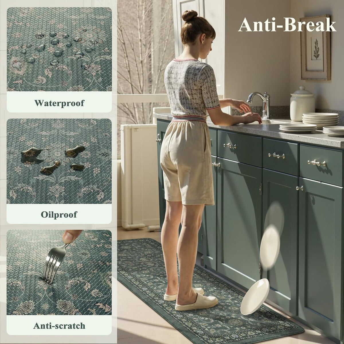 KIMODE Kitchen Mats for Floor Cushioned Anti Fatigue,Kitchen Rugs Sets of 2 | 17.3"x47"+ 17.3"x29",Dark Green,Vintage Kitchen Rug Non Slip,Memory Foam Carpet for Laundry Office Home Decor