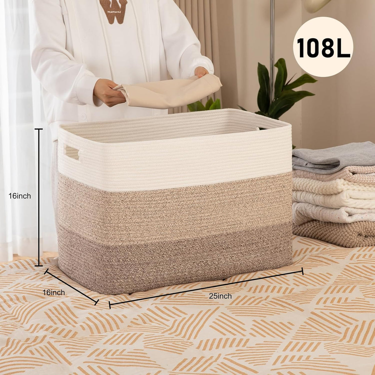 Extra-Large Woven Blanket Basket – 108-Liter Cotton Rope Storage