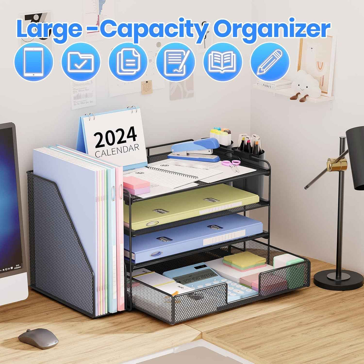 Desk Organizer, 4-Tier Desktop File Organizer with Drawer and Pen Holders, Office Desk Accessories, File Sorters, Workspace Organizers for Office Supplies(Black)
