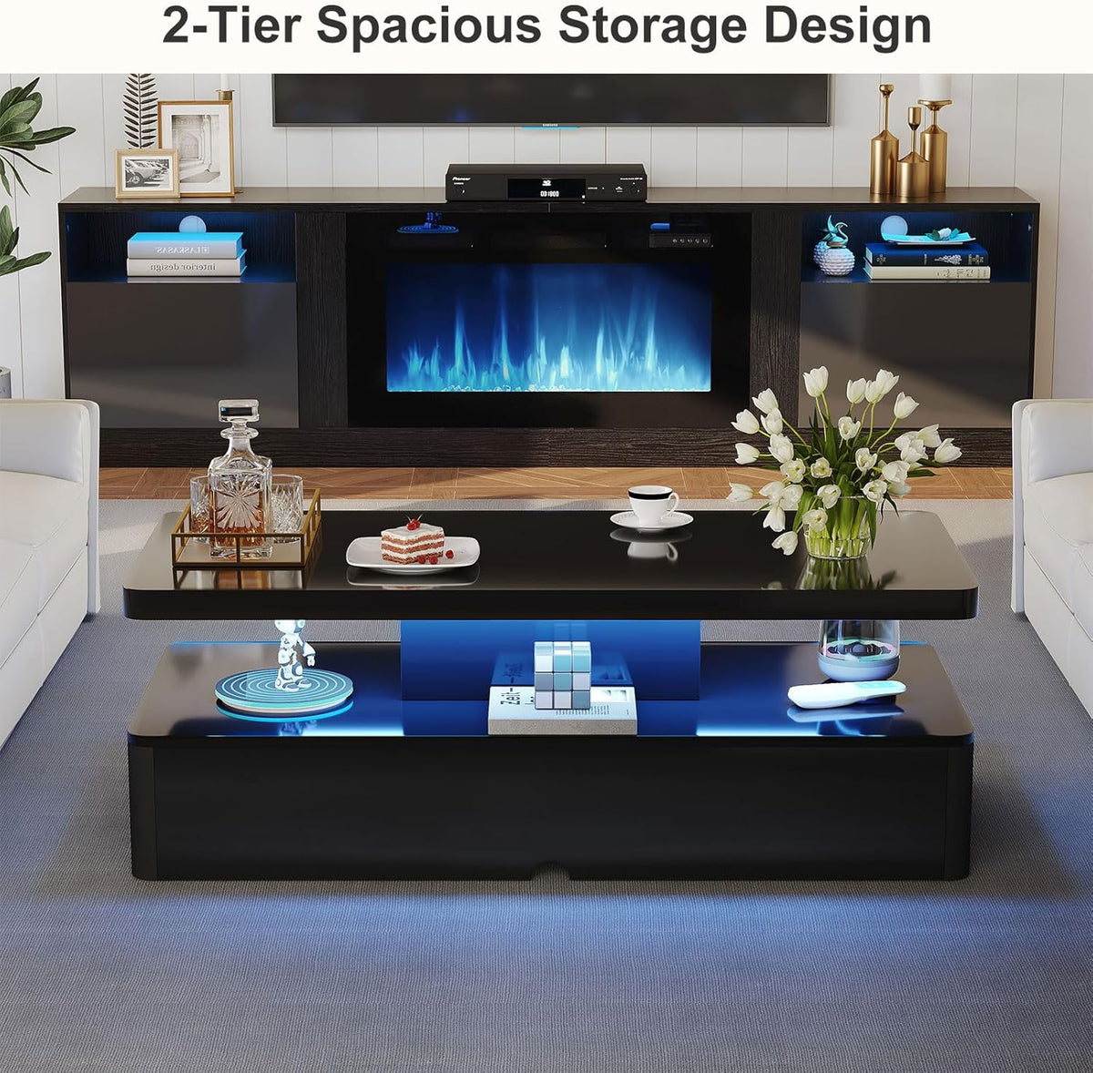 MXV 40" Modern Coffee Table with LED Lights, Black