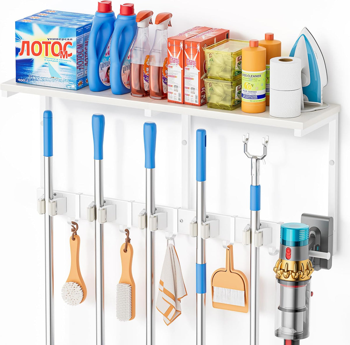 Broom Holder Wall Mount with Cleaning Supplies Organizer - Field & Nook