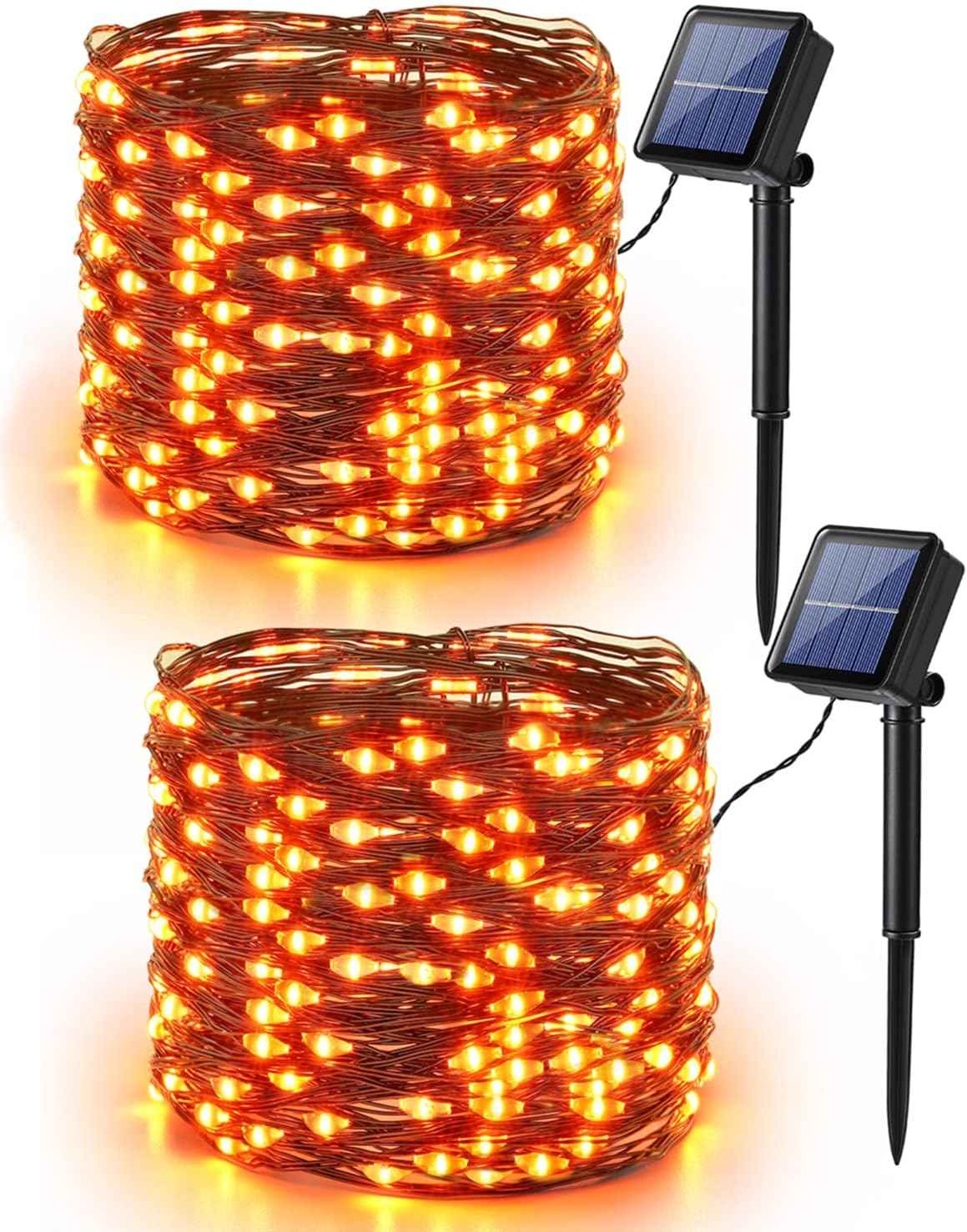 Brizled Orange Fairy Lights, 2 Pack Total 78FT 240 LED Solar Halloween Fairy Lights, 8 Modes Outdoor Halloween Lights, Waterproof Orange Twinkle Light for Outside Party Yard Decor Black Wire