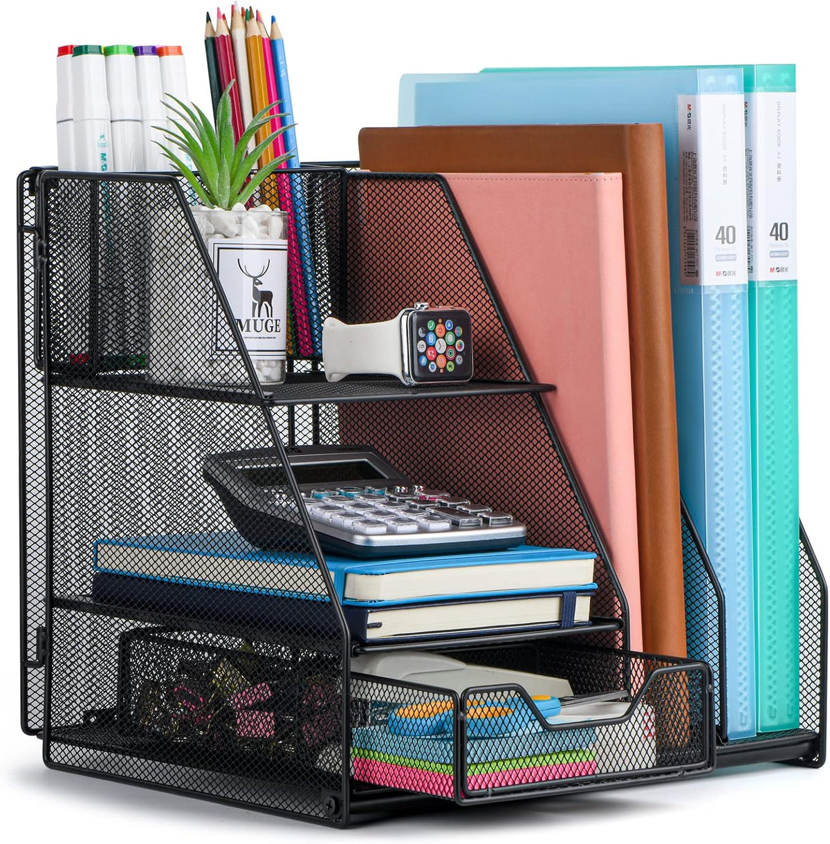 Topwey Desk Organizer, File Organizer for Desk with 2-Tier Paper Letter Tray, Drawer and 2 Pen Holder, Mesh Desktop Organization with Magazine Holder for Office Supplies - Field & Nook