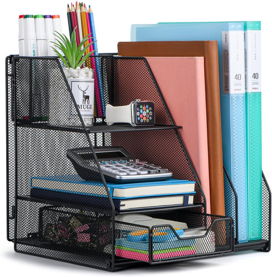 Topwey Desk Organizer, File Organizer for Desk with 2-Tier Paper Letter Tray, Drawer and 2 Pen Holder, Mesh Desktop Organization with Magazine Holder for Office Supplies - Field & Nook