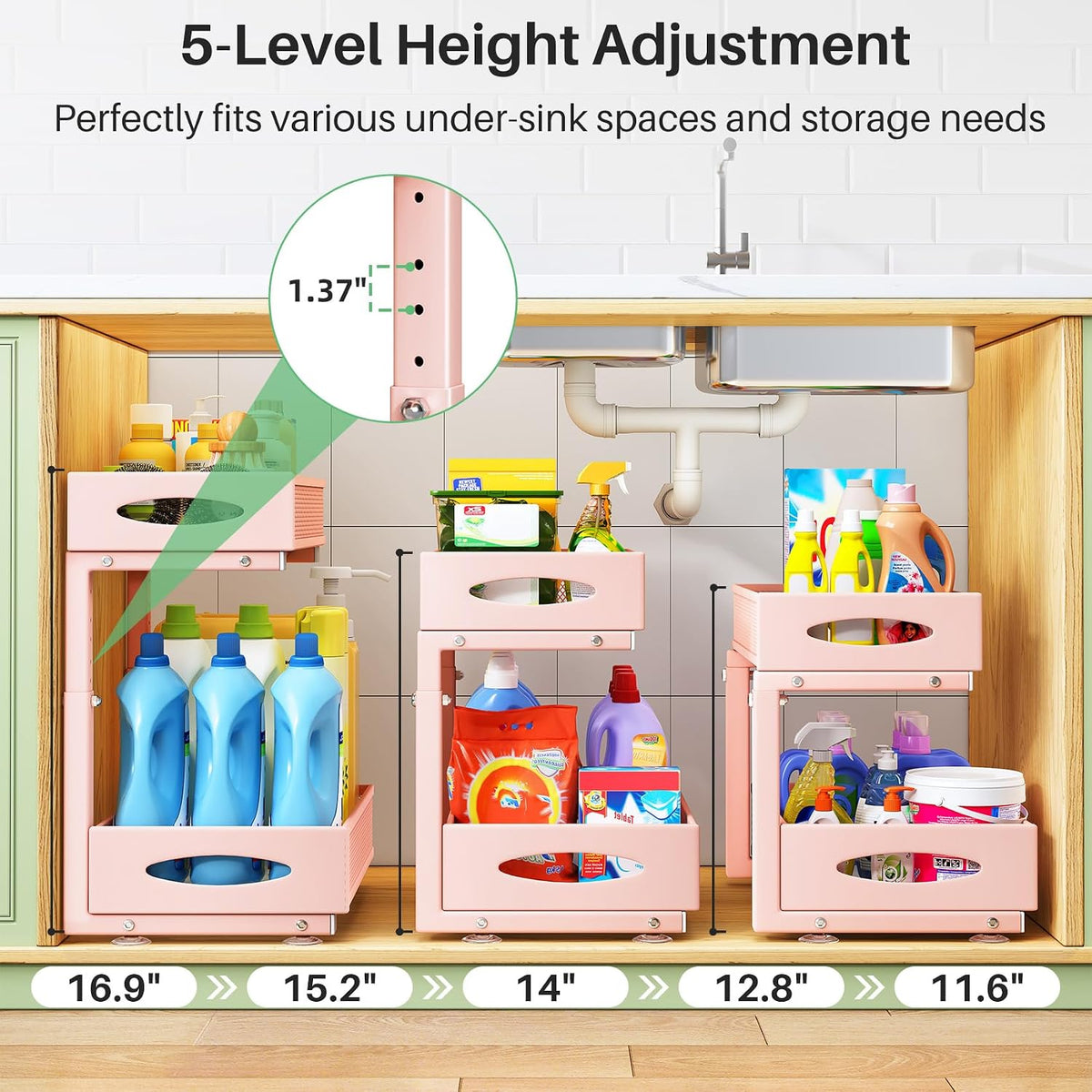 Under Sink Organizer, 2 Tier Pull out Cabinet Organizer Baskets with Mesh Sliding Drawers, Slide out Storage Shelf for Home, Kitchen, Bathroom, Pantry, Office Cabinet(1 Pack, Pink) - Field & Nook