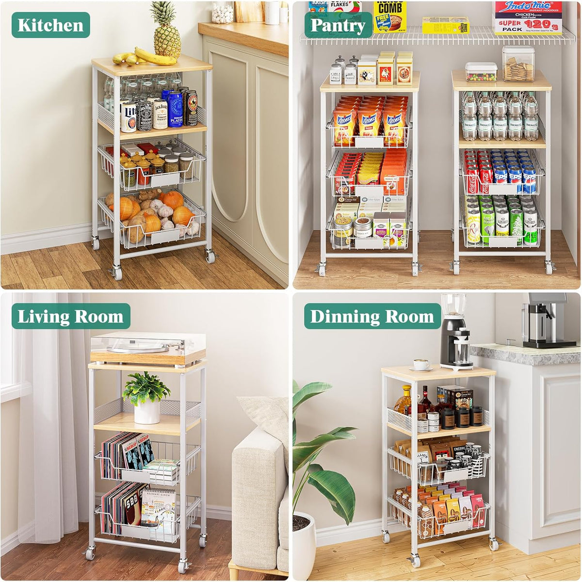 4-Tier Fruit Vegetable Storage Cart Rolling Kitchen Cart with Drawer | Pull-out basket, wood rack, durable & sturdy, fits pantry, living room, bathroom, 360° wheels with brakes, wood top, white