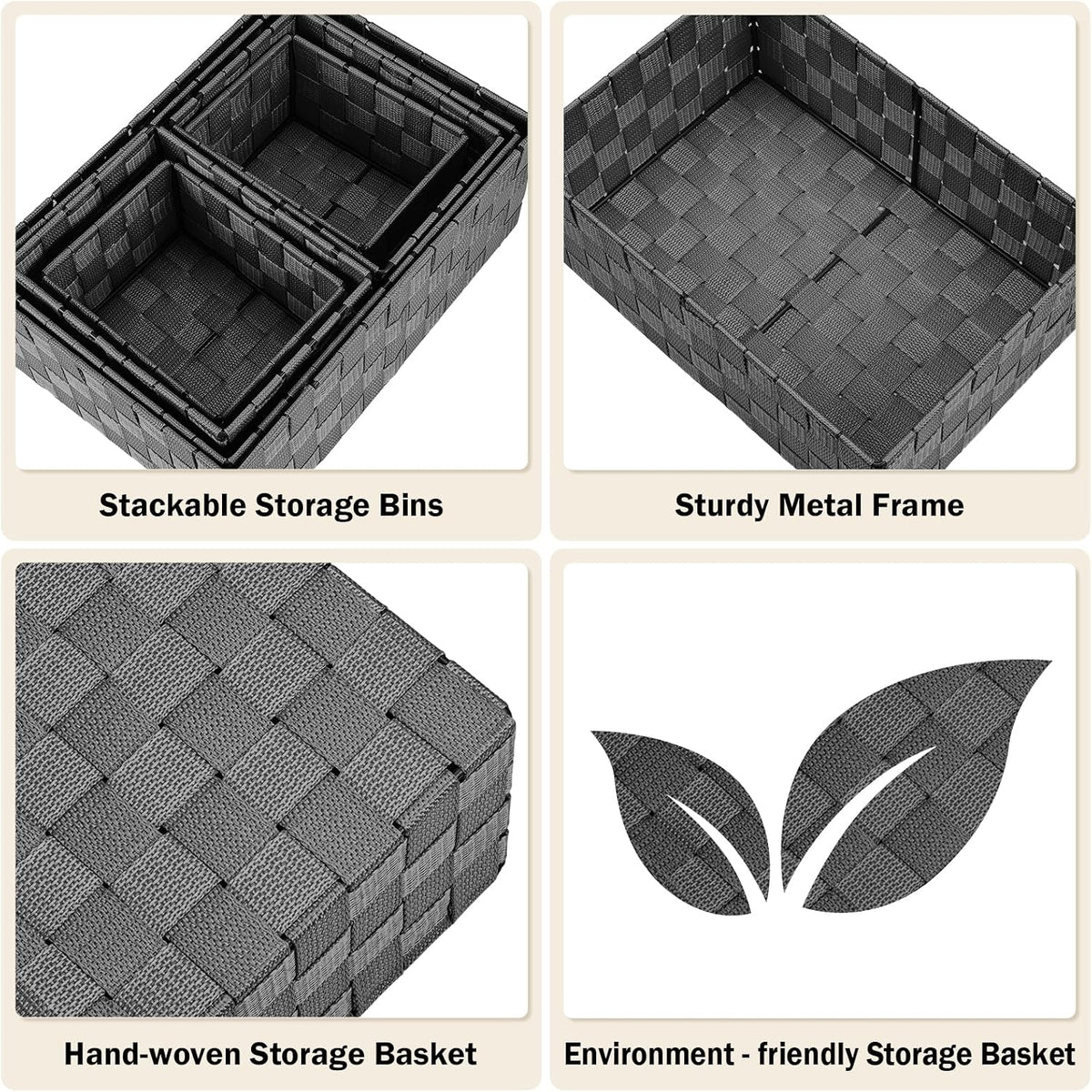 6-Pack Stackable Woven Storage Baskets with Lids – Black - Field & Nook