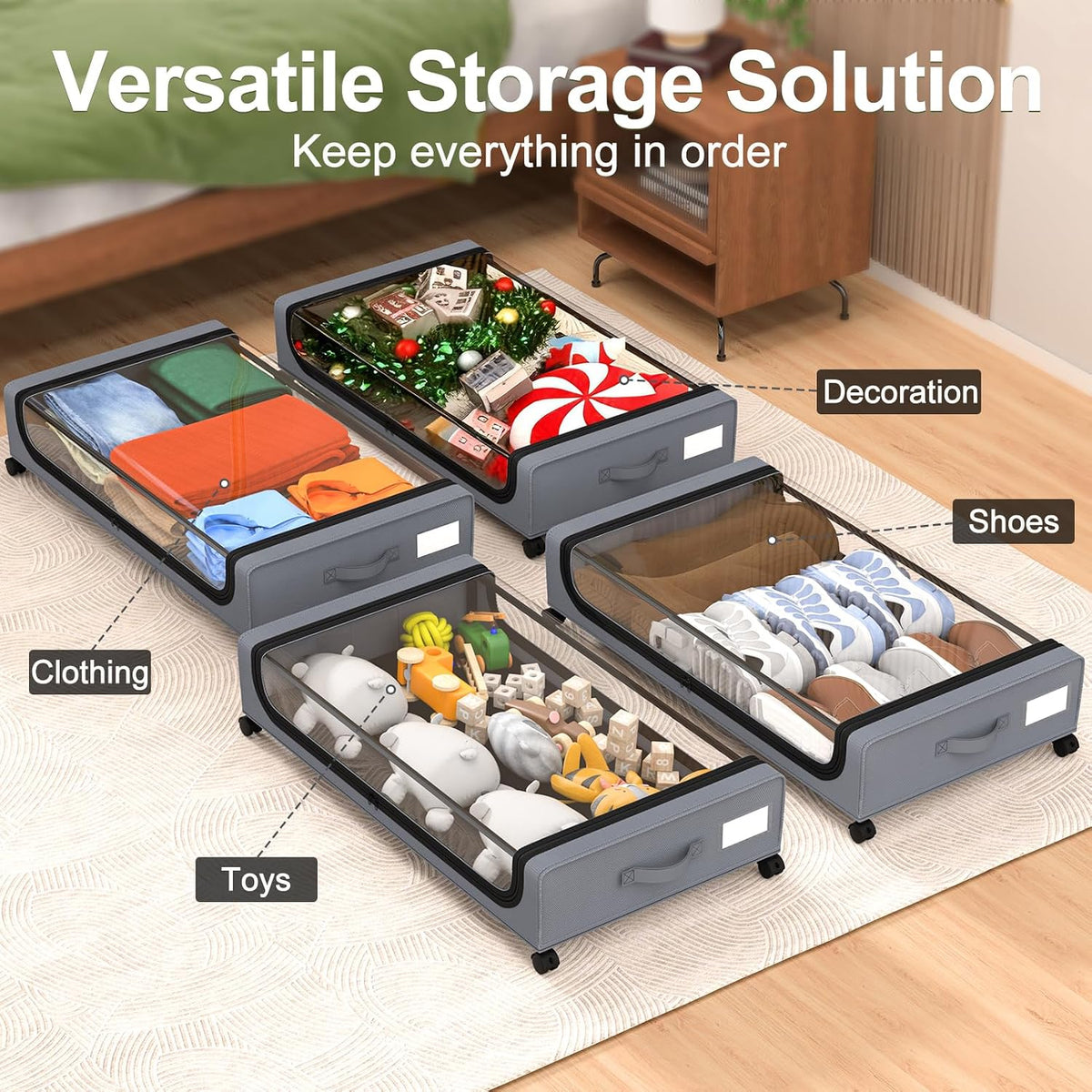 GoMaihe Under Bed Storage with Wheels 48L Grey 2-Pack | Rolling Bins for Shoes Clothes in Dorm Bedroom - Metal Drawers Easy Pull-out - Field & Nook
