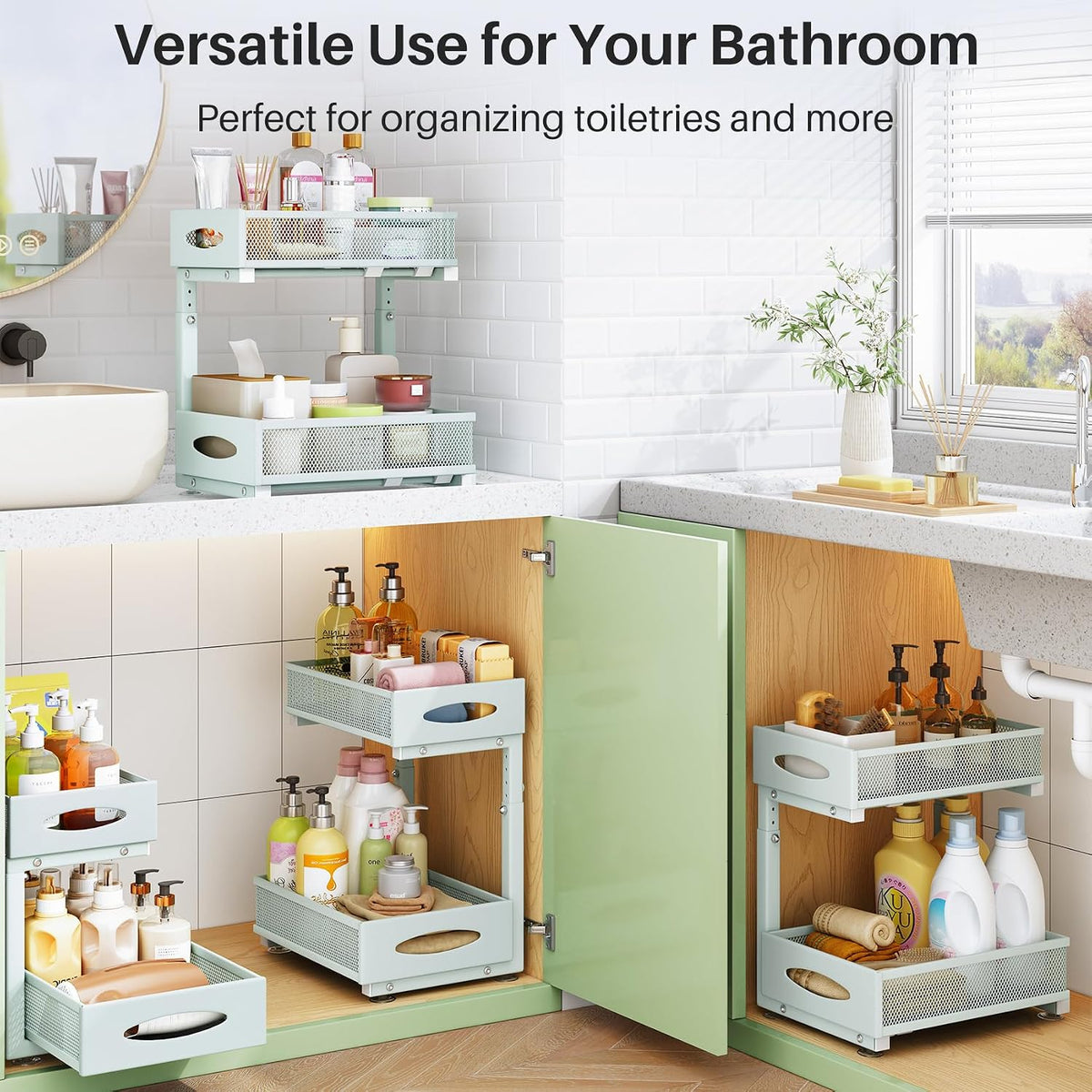 Under Sink Organizer, 2 Tier Pull out Cabinet Organizer Baskets with Mesh Sliding Drawers, Slide out Storage Shelf for Home, Kitchen, Bathroom, Pantry, Office Cabinet(1 Pack, Blue) - Field & Nook