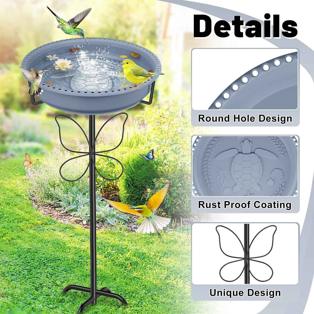 Bird Bath for Outside, Garden Freestanding Birdbath & Birdfeeder with Removable Bowl, Bird Baths Feeder for Outdoors Garden Patio Yard Lawn Decor, 5-Pronged Base & Easy to Clean(Grey)