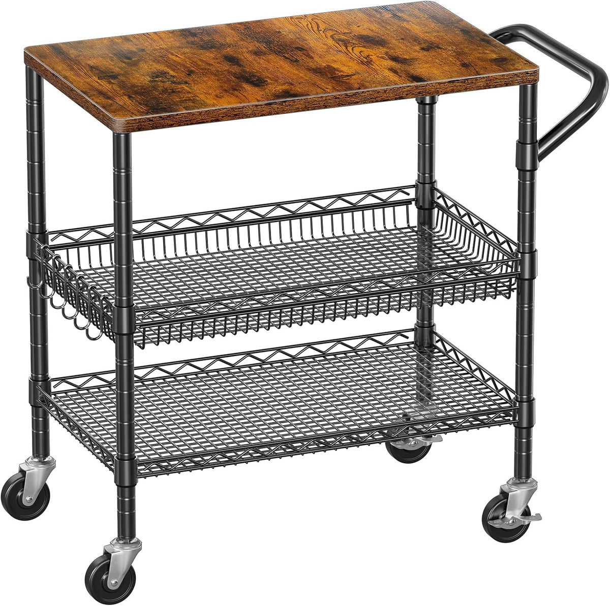 3 Tier Rolling Carts with Wheels, Heavy Duty Rolling Utility Cart with Wood Tabletop, Commercial Grade Metal Cart with Handle and Hooks, NSF Storage Serving Carts for Kitchen Island, Wood+Metal - Field & Nook