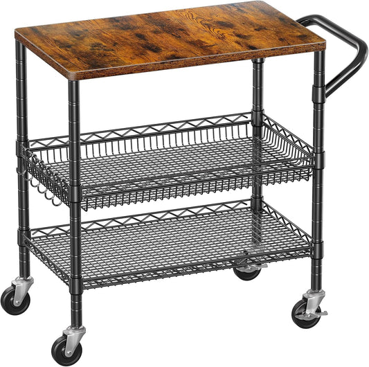 3 Tier Rolling Carts with Wheels, Heavy Duty Rolling Utility Cart with Wood Tabletop, Commercial Grade Metal Cart with Handle and Hooks, NSF Storage Serving Carts for Kitchen Island, Wood+Metal - Field & Nook